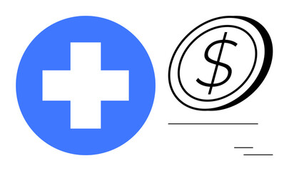 Blue medical cross and dollar coin emphasize healthcare costs, medical insurance, and expense management. Ideal for finance, healthcare, insurance, economy, budgeting, investment concepts simple
