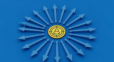 Central target with arrows pointing inwards, symbolizing focus, direction, and strategy on a blue background