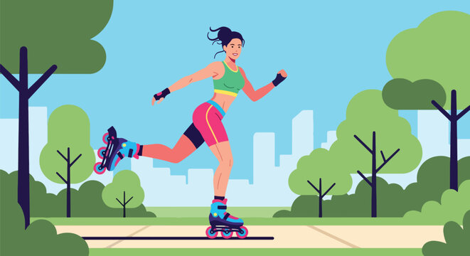 Flat vector woman rollerblading on park path with dynamic movement. Ideal for outdoor fitness themes, active lifestyle designs, and healthy recreation content