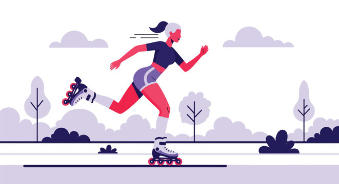 Flat vector woman rollerblading on park path with dynamic movement. Ideal for outdoor fitness themes, active lifestyle designs, and healthy recreation content