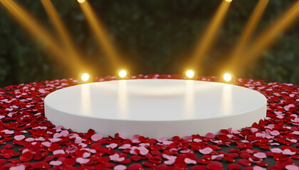 Empty white podium surrounded by red rose petals under spotlights