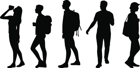 Set of black silhouettes showing young people and students walking with backpacks, drinking coffee, and commuting isolated on white background