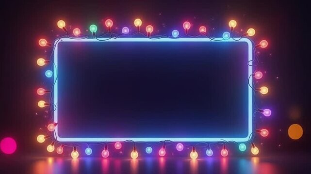 Colorful neon rectangle frame with festive string lights