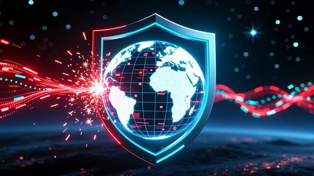 A glowing shield around digital globe showing global data protection and technical support and customer service
