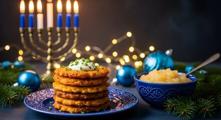 Hanukkah celebration with latkes applesauce menorah and festive decorations for a happy holiday