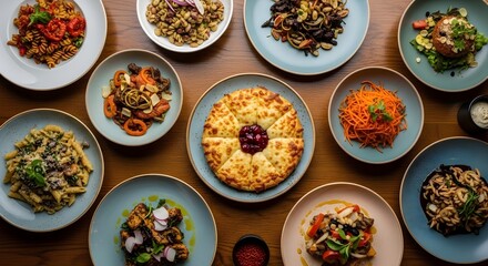Overhead view of a table with an assortment of delicious and colorful dishes