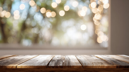 Wood table rustic empty tabletop bokeh background warm light blurred window natural texture copy space cozy mood Wooden table surface with rustic