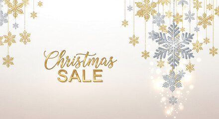 Golden and silver snowflake decorations with text "Christmas Sale" on a bright background, symbolizing holiday season, discount, and festive atmosphere