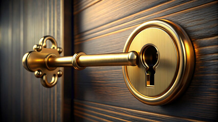 A close-up view of a golden key inserted into a door's lock.