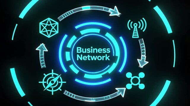 A glowing business network hologram with neon icons in cyber tech scene, symbolizing innovation, b2b, technical support and customer service