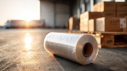 Packaging Warehouse Logistics — Calm industrial scene with stretch film roll on concrete floor at sunset light, realistic depth of field conveying focused efficiency for shipping pallets and