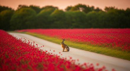 Image of a hare on a sandy path surrounded by red flowers, evoking a peaceful rural scene and representing nature's beauty and wildlife harmony
