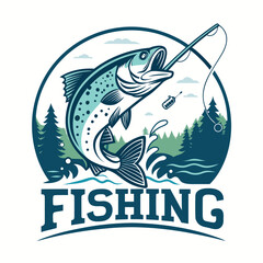 Fishing T-Shirt Design with Fish Icon and Logo – Vintage Angler Graphic, Outdoor Sport Print, Retro Fishing Emblem for Apparel, Merchandise, Branding, or Badges	