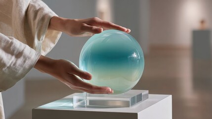 Glass Sphere Art — Calm Hands Presenting Gradient Crystal Orb in Minimal Gallery, modern installation style for contemplation, design inspiration, product mockup