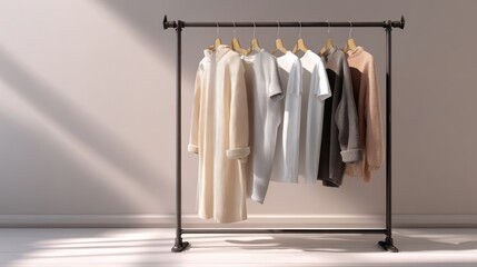 Clothing rack displaying various stylish garments in soft natural light with copy space
