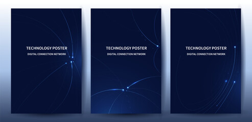 Futuristic digital blue line technology poster set, glowing lines innovation and connection network background for tech event poster or presentation product business