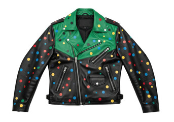 A vibrant, customdesigned leather biker jacket with a striking green and black color block design, adorned with colorful polka dots, isolated on transparent background