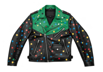 A vibrant, customdesigned leather biker jacket with a striking green and black color block design, adorned with colorful polka dots, isolated on transparent background