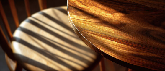 Wooden table soft shadow lighting warm tone natural grain sunlight chair cozy minimal interior design blend harmoniously, inviting calm
