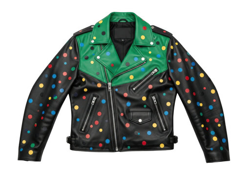 A vibrant, customdesigned leather biker jacket with a striking green and black color block design, adorned with colorful polka dots, isolated on transparent background
