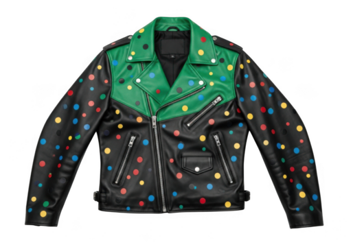 A vibrant, customdesigned leather biker jacket with a striking green and black color block design, adorned with colorful polka dots, isolated on transparent background