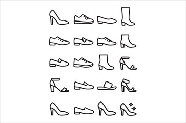 Fototapeta premium Various types of footwear depicted in simple black and white line drawings