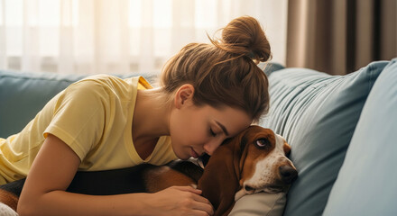 A young woman with hair bun lying on a dog's head on the sofa, showcasing friendship and affection, represents companionship and intimate bond