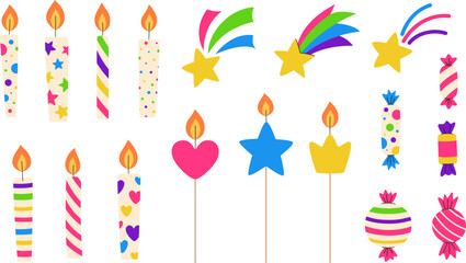 Birthday candles and elements set. Burning festive candles with patterns and on sticks for parties. Cute festive stars and candies for decorations, invitations, and greetings. Vector illustration.