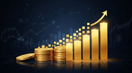 Investment growth financial success concept with gold coins and chart going up illustration