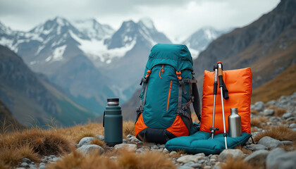 Backpack, sleeping pad, water bottle, and trekking poles rest on rocky terrain. Snowy mountains rise in background. Outdoor adventure gear for wilderness travel and camping.