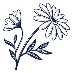 Daisy Flower with Petals and Leaves in Dark Blue Outline floral bloom