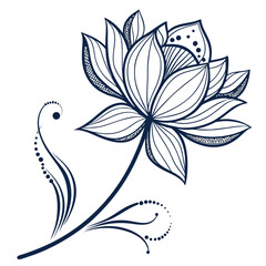 Intricate Outline of a Lotus Flower with Decorative Swirls dark blue