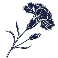 Silhouette of a Carnation Flower and Bud on White Background dark blue floral