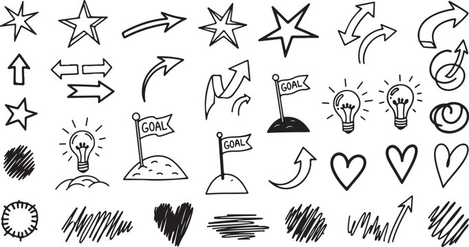 Hand drawn doodle elements set with arrows stars hearts lightbulbs and goal flags.