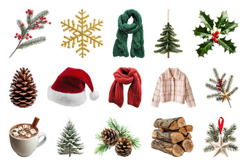 PNG Festive winter holiday decorations collection, element set on transparent background