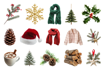 PNG Festive winter holiday decorations collection, element set on transparent background