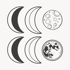 Collection of Moon Phases and Craters crescent moon full moon