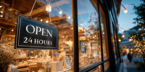 Open 24 hours store sign in a beautifully lit window