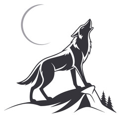 Wolf Howling at Crescent Moon on Mountain Silhouette Keywords: wolf, howling, moon, crescent