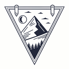 Mountain Scene with Moon and Trees Inside Triangle Emblem Keywords: mountain, moon, trees
