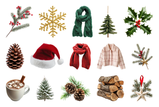 PNG Festive winter holiday decorations collection, element set on transparent background