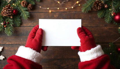 Santa hand holding a blank card mockup on a wooden background with Christmas decorations
