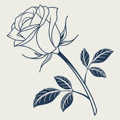 Elegant Rose with Stem and Leaves Line Drawing Keywords: rose, flower, floral, nature, beauty