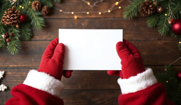 Santa hand holding a blank card mockup on a wooden background with Christmas decorations