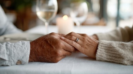 Senior couple romance holding hands at candlelit restaurant table, tenderness and intimacy in candid lifestyle, symbolizing commitment, marriage, and anniversary love for relationship care, support,