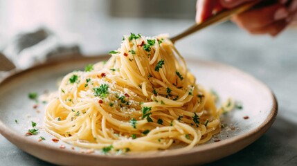 Italian pasta comfort, inviting spaghetti with garlic, olive oil, parsley, and chili flakes, twirled on a fork, natural light macro style for recipe, food blog, restaurant menu,