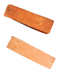 Side view of two cracked old red or orange bricks in set isolated on white background with clipping path