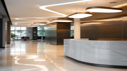 Bright modern luxury office lobby showcasing a curved white marble reception desk and reflective polished floor with contemporary organic shaped ceiling lights and metallic walls