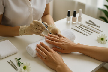 Manicure session with professional and client at salon table