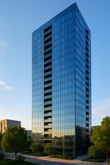 Fototapeta premium Modern glass office building reflecting sunlight in urban setting